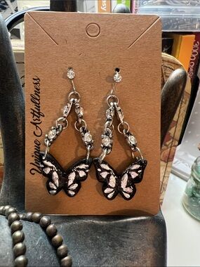 Black Butterfly Drop Earrings with silver diamond Accents